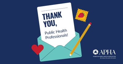 A letter saying "Thank You, Public Health Professionals" coming out of an envelope, with a pencil, a stamp and a heart